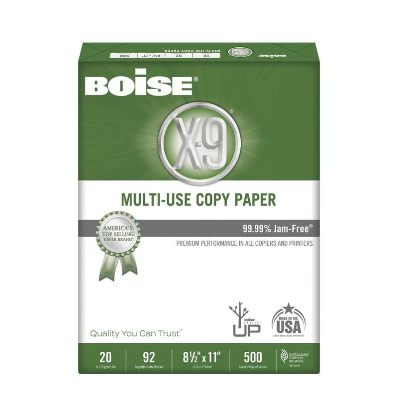 Boise X-9 Multi-Use Printer & Copier Paper, Letter Size (8 1/2in x 11in), Ream Of 500 Sheets, 92 (U.S.) Brightness, 20 Lb, White (Min Order Qty 11) MPN:OX9001