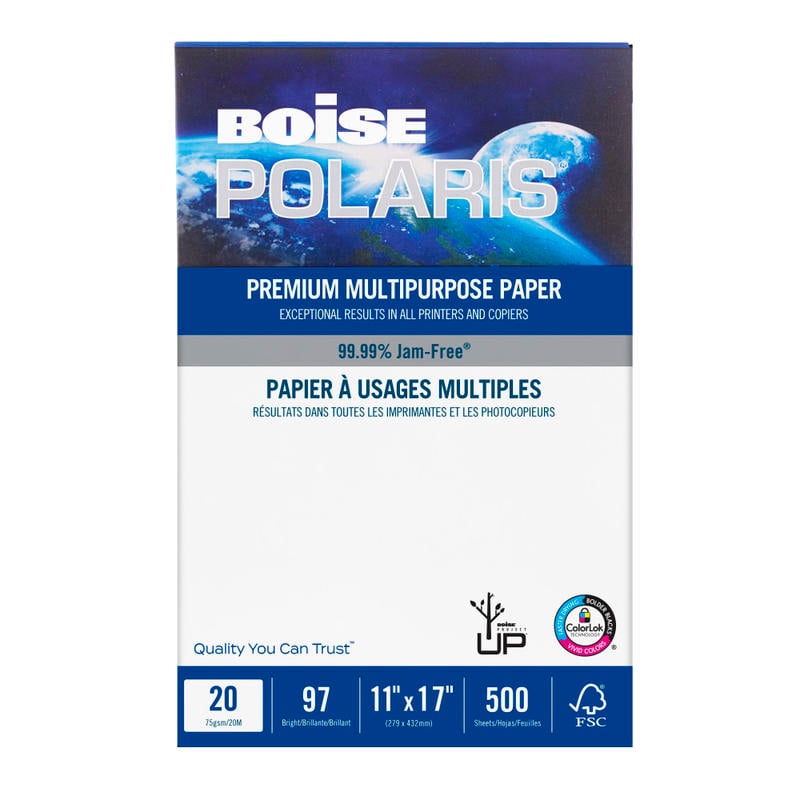 Boise POLARIS Premium Multi-Use Printer & Copy Paper, White, Ledger (11in x 17in), 2500 Sheets Per Case, 20 Lb, 97 Brightness, Case Of 5 Reams MPN:POL-1117-CTN