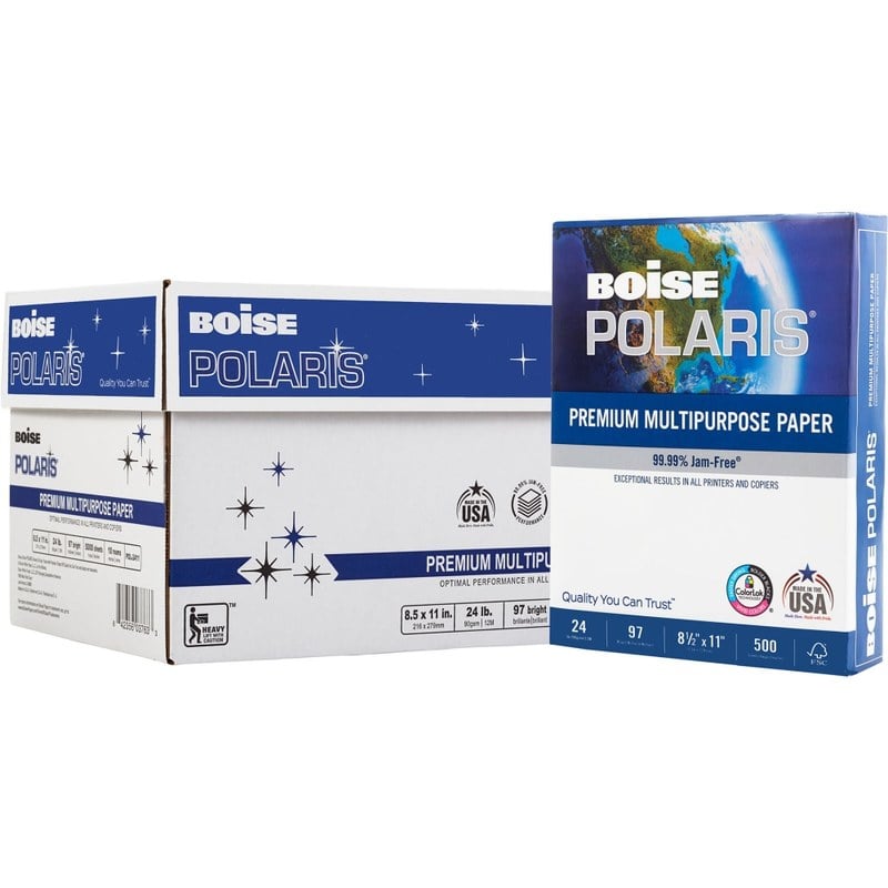 Boise POLARIS Premium Multi-Use Printer & Copier Paper, Letter Size (8 1/2in x 11in), 5000 Total Sheets, 97 (U.S.) Brightness, 24 Lb, FSC Certified, White, 500 Sheets Per Ream, Case Of 10 Reams MPN:POL-2411-CTN