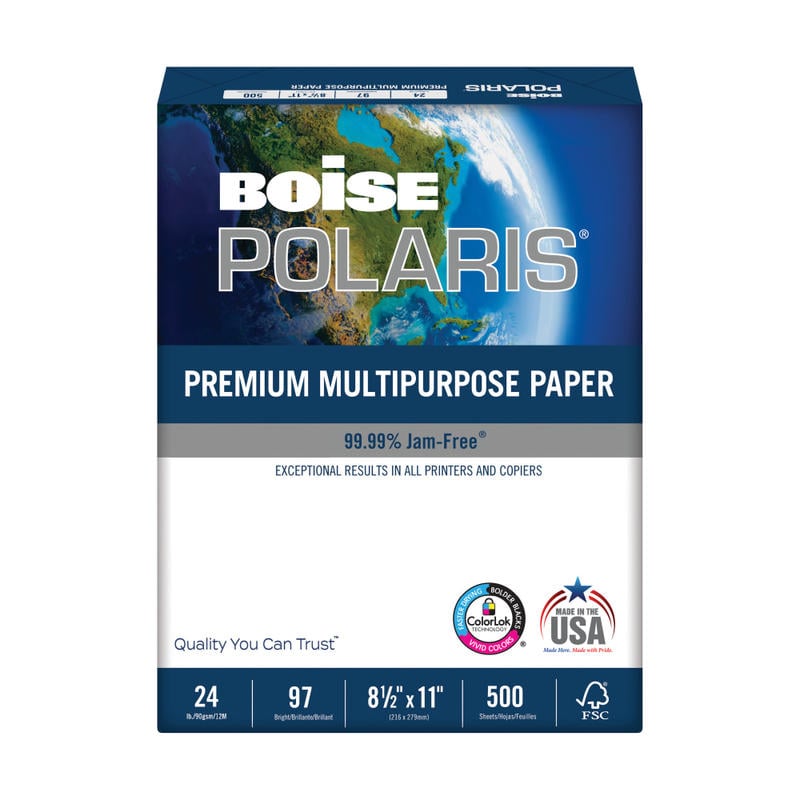 Boise POLARIS Premium Multi-Use Printer & Copier Paper, Letter Size (8 1/2in x 11in), Ream Of 500 Sheets, 97 (U.S.) Brightness, 24 Lb, FSC Certified, White (Min Order Qty 8) MPN:POL-2411R