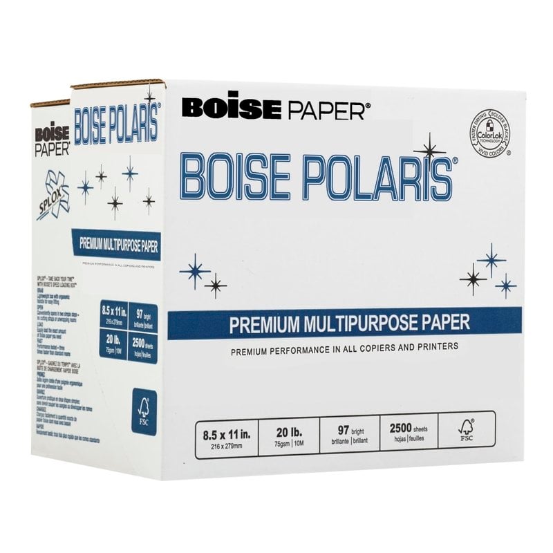 Boise SPLOX Speed-Loading Reamless Copy Paper, White, Letter (8.5in x 11in), 2500 Sheets Per Case, 20 Lb, 97 Brightness, FSC Certified, Case Of 5 Reams (Min Order Qty 2) MPN:SP-9720