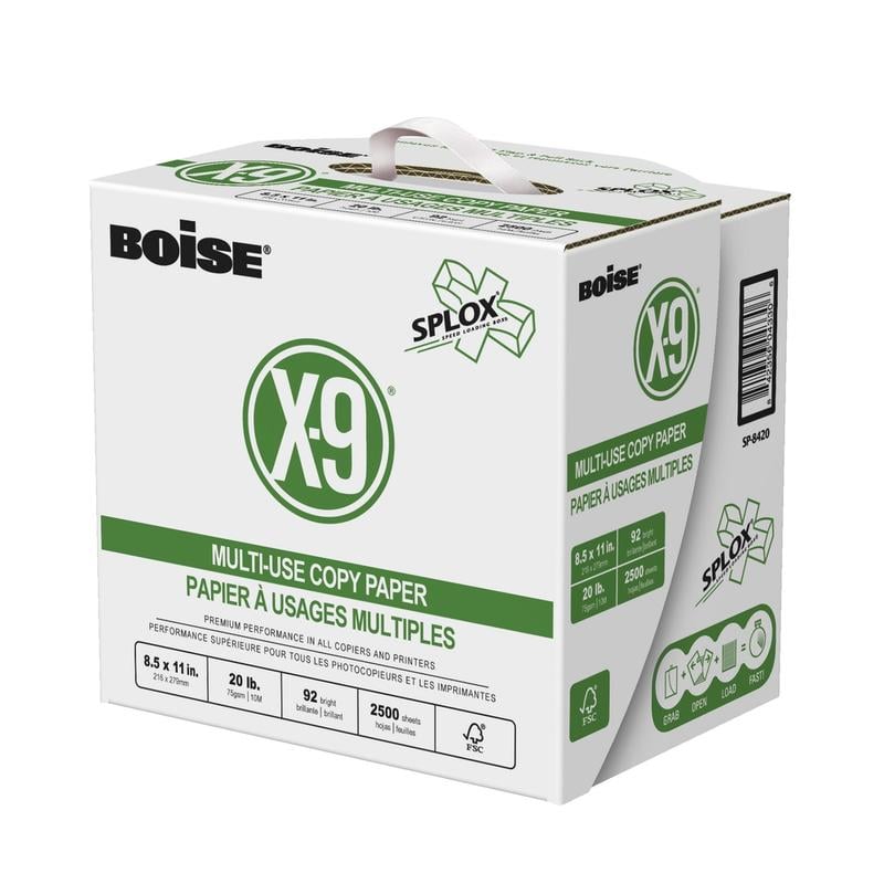 Boise X-9 SPLOX Reamless Multi-Use Printer & Copy Paper, White, Letter (8.5in x 11in), 2500 Sheets Per Case, 20 Lb, 92 Brightness, Case Of 5 Reams (Min Order Qty 2) MPN:SP8420