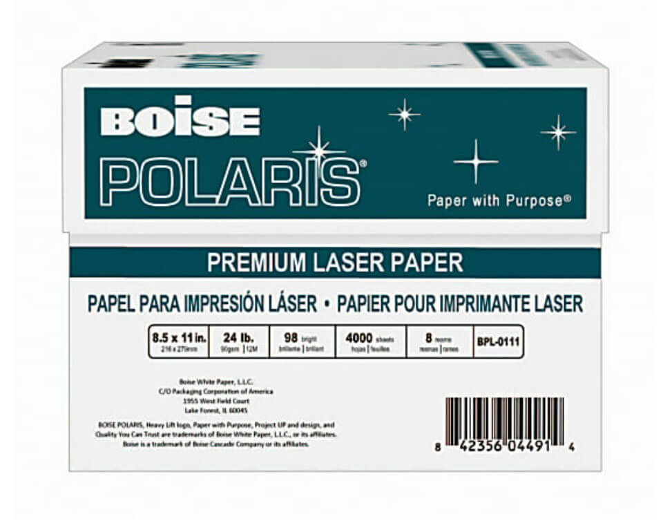 Boise POLARIS Premium Laser Paper, Letter Size (8 1/2in x 11in), 98 (U.S.) Brightness, 24 Lb, FSC Certified, White, 500 Sheets Per Ream, Case Of 8 Reams MPN:BPL-0111-CTN