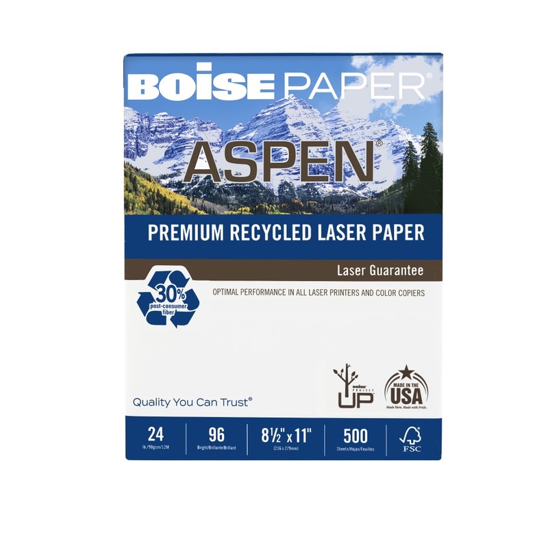 Boise ASPEN Laser Paper, Letter Size (8 1/2in x 11in), 96 (U.S.) Brightness, 24 Lb, 30% Recycled, FSC Certified, White, Ream Of 500 Sheets (Min Order Qty 7) MPN:BPL-2411-RC