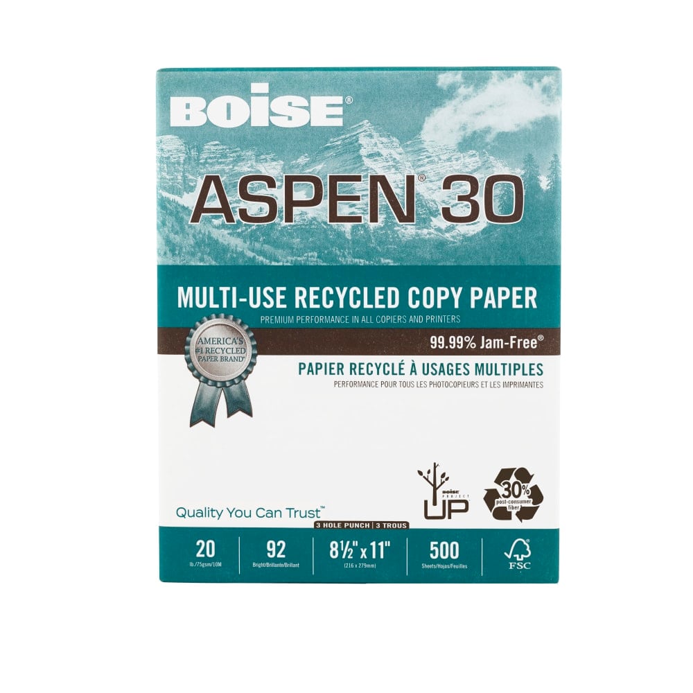 Boise ASPEN 30 3-Hole Punched Multi-Use Printer & Copy Paper, 1 Ream, White, Letter Size, 500 Sheets Per Ream, 20 Lb - 054901-P MPN:054901-P