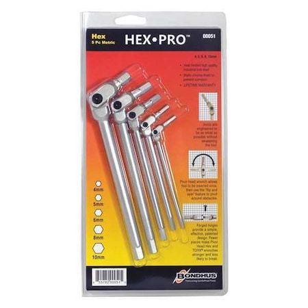 5 Piece Metric Long Handle Hex Key Set, 00005 MPN:00005
