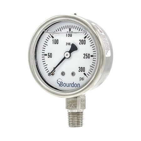 Industrial Pressure Gauge, 0 to 300 psi, 2 1/2 in Dial, 1/4 in NPT, Bottom Location MPN:MEX3-D52.H25/0133