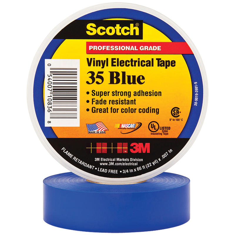 3M 35 Color-Coded Vinyl Electrical Tape, 1.5in Core, 0.75in x 66ft, Blue, Pack Of 10 MPN:T96403510PKB