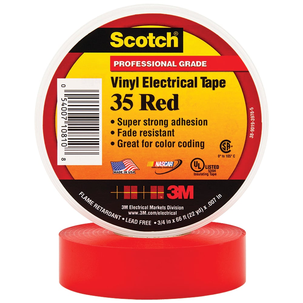 3M 35 Color-Coded Vinyl Electrical Tape, 1.5in Core, 0.75in x 66ft, Red, Pack Of 10 MPN:T96403510PKR