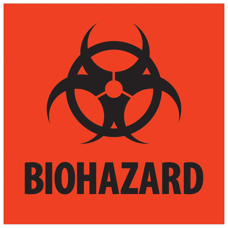 Tape Logic Preprinted Shipping Labels, DL1283, Biohazard, Square, 4in x 4in, Fluorescent Red, Roll Of 500 MPN:DL1283