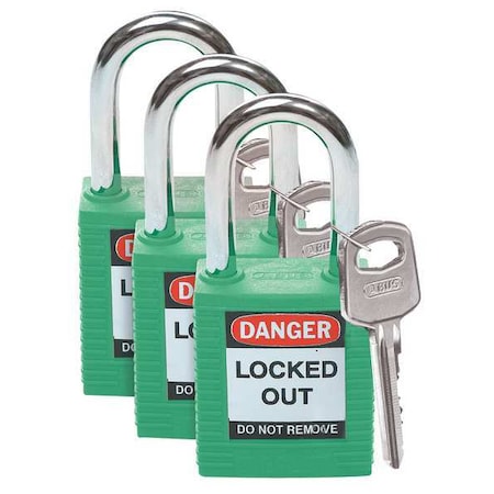 Lockout Padlock, Keyed Alike, Nylon, Green, 1 1/2 in Shackle Height, 1 1/2 in Body Width, 3 PK MPN:105889