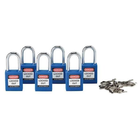 Lockout Padlock, Keyed Alike, Nylon, Blue, 1 1/2 in Shackle Height, 1 1/2 in Body Width, 6 PK MPN:105891
