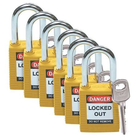 Lockout Padlock, Keyed Alike, Nylon, Yellow, 1 1/2 in Shackle Height, 1 1/2 in Body Width, 6 PK MPN:105892