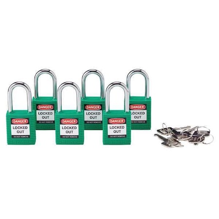 Lockout Padlock, Keyed Alike, Nylon, Green, 1 1/2 in Shackle Height, 1 1/2 in Body Width, 6 PK MPN:105893