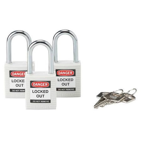Lockout Padlock, Keyed Alike, Nylon, White, 1 1/2 in Shackle Height, 1 1/2 in Body Width, 3 PK MPN:118949