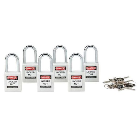 Lockout Padlock, Keyed Alike, Nylon, White, 1 1/2 in Shackle Height, 1 1/2 in Body Width, 6 PK MPN:118950