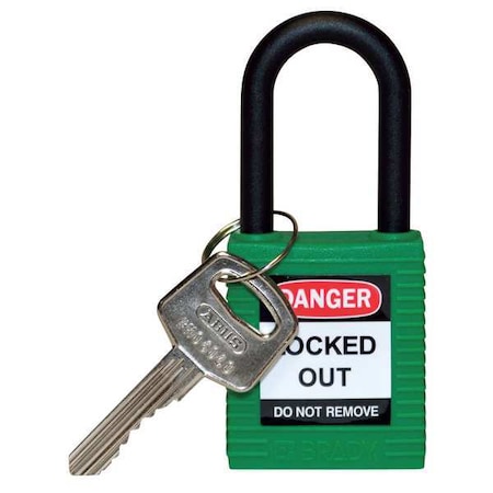 Lockout Padlock, Keyed Different, Nylon, Green, 1 1/2 in Shackle Height, 1 1/2 in Body Width MPN:123326