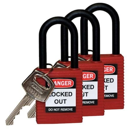 Lockout Padlock, Keyed Alike, Nylon, Red, 1 1/2 in Shackle Height, 1 1/2 in Body Width, 3 PK MPN:123333