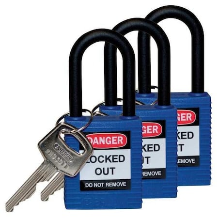 Lockout Padlock, Keyed Alike, Nylon, Blue, 1 1/2 in Shackle Height, 1 1/2 in Body Width, 3 PK MPN:123334