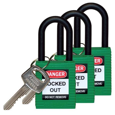 Lockout Padlock, Keyed Alike, Nylon, Green, 1 1/2 in Shackle Height, 1 1/2 in Body Width, 3 PK MPN:123335