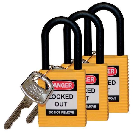 Lockout Padlock, Keyed Alike, Nylon, Yellow, 1 1/2 in Shackle Height, 1 1/2 in Body Width, 3 PK MPN:123336