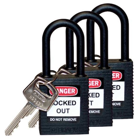Lockout Padlock, Keyed Alike, Nylon, Black, 1 1/2 in Shackle Height, 1 1/2 in Body Width, 3 PK MPN:123338