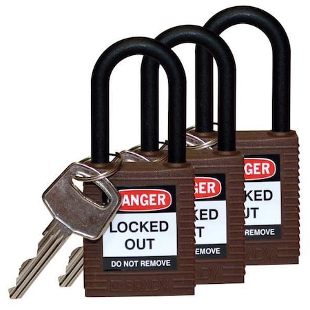 Lockout Padlock, Keyed Alike, Nylon, Brown, 1 1/2 in Shackle Height, 1 1/2 in Body Width, 3 PK MPN:123339