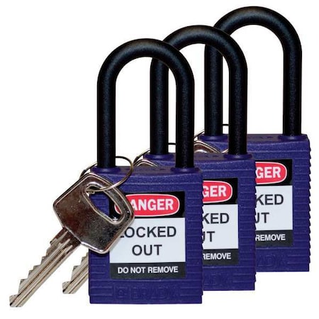Lockout Padlock, Keyed Alike, Nylon, Purple, 1 1/2 in Shackle Height, 1 1/2 in Body Width, 3 PK MPN:123340