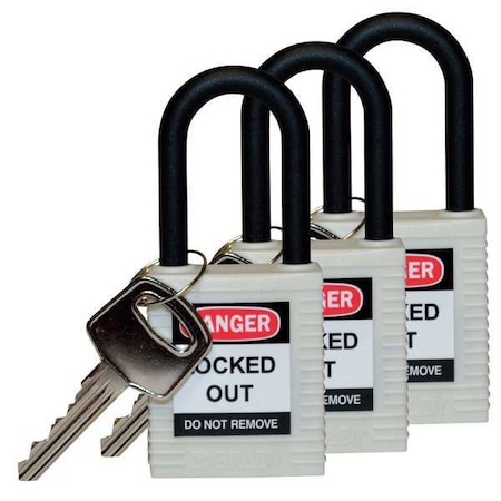 Lockout Padlock, Keyed Alike, Nylon, White, 1 1/2 in Shackle Height, 1 1/2 in Body Width, 3 PK MPN:123341