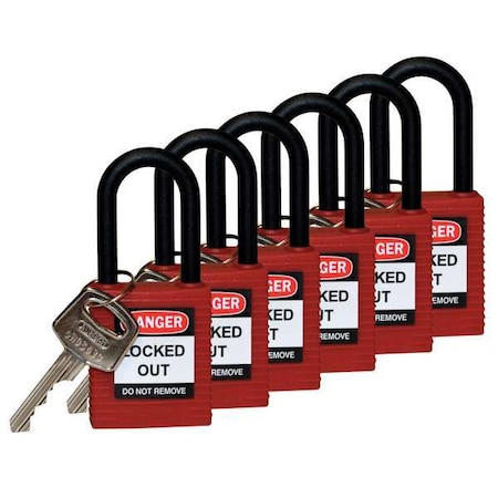 Lockout Padlock, Keyed Alike, Nylon, Red, 1 1/2 in Shackle Height, 1 1/2 in Body Width, 6 PK MPN:123342