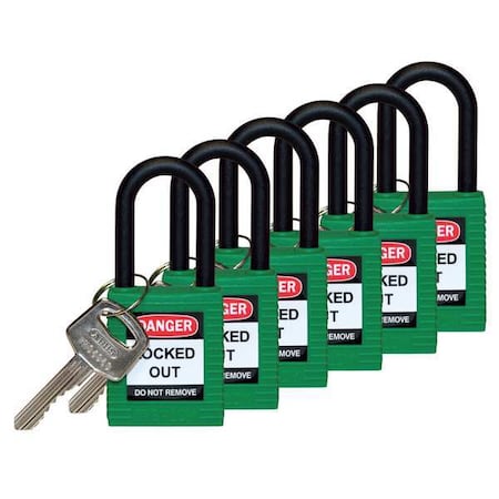 Lockout Padlock, Keyed Alike, Nylon, Green, 1 1/2 in Shackle Height, 1 1/2 in Body Width, 6 PK MPN:123344