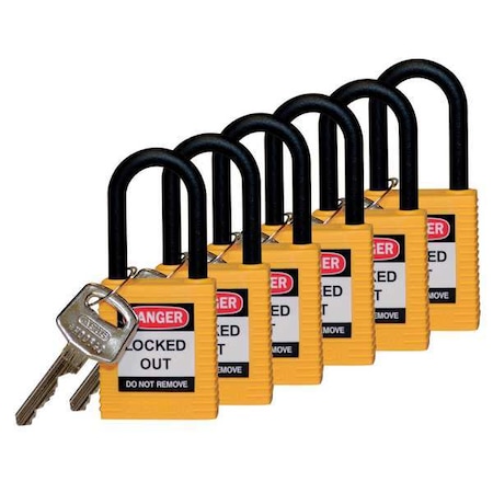 Lockout Padlock, Keyed Alike, Nylon, Yellow, 1 1/2 in Shackle Height, 1 1/2 in Body Width, 6 PK MPN:123345