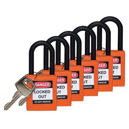 Lockout Padlock, Keyed Alike, Nylon, Orange, 1 1/2 in Shackle Height, 1 1/2 in Body Width, 6 PK MPN:123346