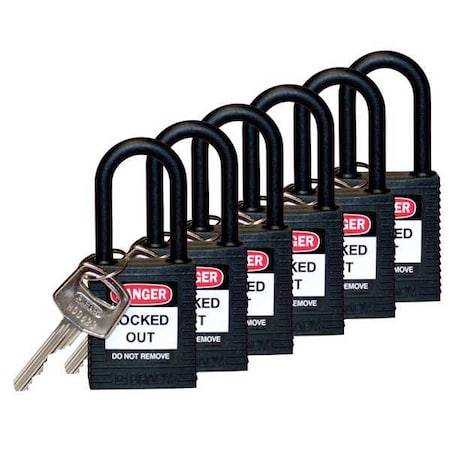 Lockout Padlock, Keyed Alike, Nylon, Black, 1 1/2 in Shackle Height, 1 1/2 in Body Width, 6 PK MPN:123347