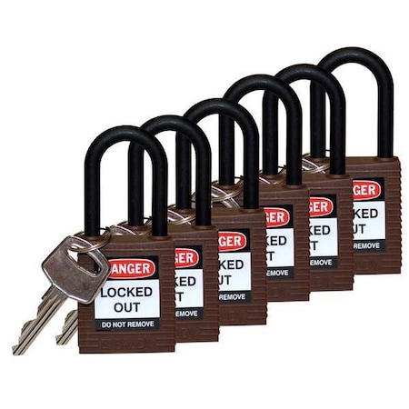 Lockout Padlock, Keyed Alike, Nylon, Brown, 1 1/2 in Shackle Height, 1 1/2 in Body Width, 6 PK MPN:123348