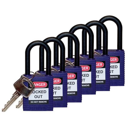 Lockout Padlock, Keyed Alike, Nylon, Purple, 1 1/2 in Shackle Height, 1 1/2 in Body Width, 6 PK MPN:123349