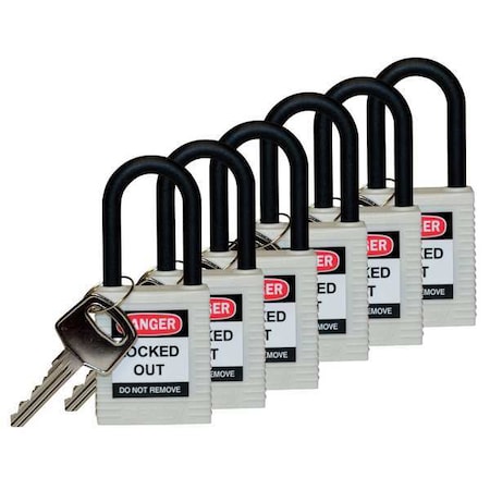 Lockout Padlock, Keyed Alike, Nylon, White, 1 1/2 in Shackle Height, 1 1/2 in Body Width, 6 PK MPN:123350