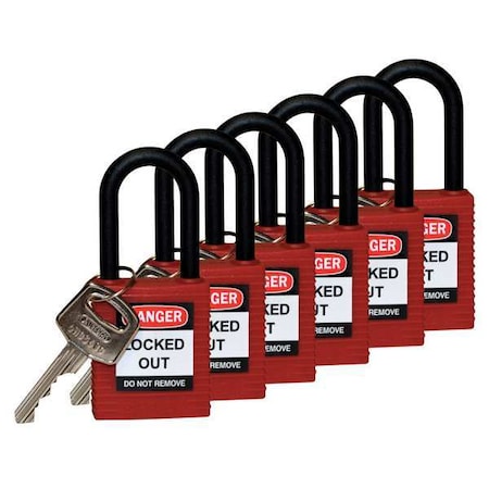 Lockout Padlock, Keyed Different, Nylon, Red, 1 1/2 in Shackle Height, 1 1/2 in Body Width, 6 PK MPN:123351