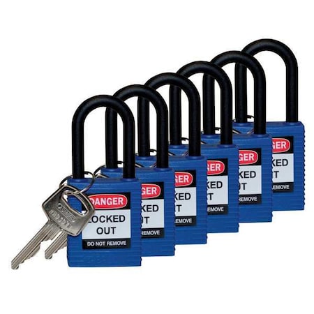 Lockout Padlock, Keyed Different, Nylon, Blue, 1 1/2 in Shackle Height, 1 1/2 in Body Width, 6 PK MPN:123352