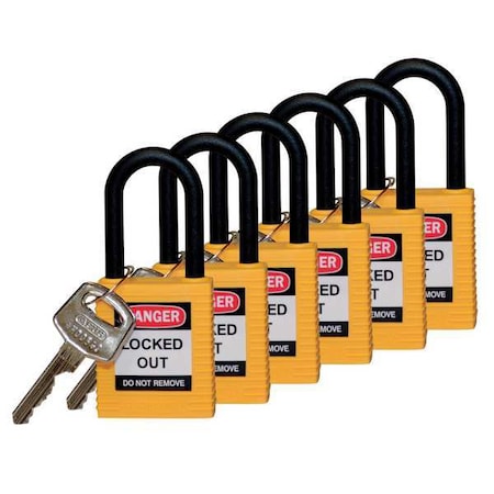 Lockout Padlock, Keyed Different, Nylon, Yellow, 1 1/2 in Shackle Height, 1 1/2 in Body Width, 6 PK MPN:123354