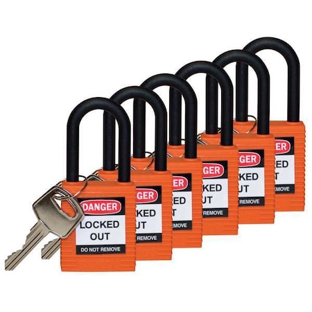 Lockout Padlock, Keyed Different, Nylon, Orange, 1 1/2 in Shackle Height, 1 1/2 in Body Width, 6 PK MPN:123355