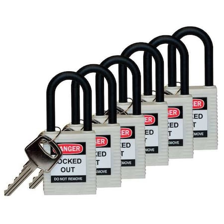 Lockout Padlock, Keyed Different, Nylon, White, 1 1/2 in Shackle Height, 1 1/2 in Body Width, 6 PK MPN:123359