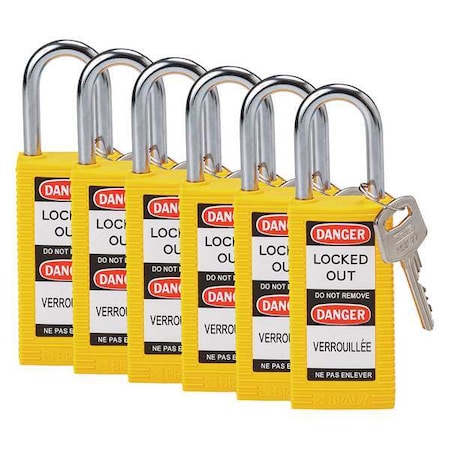 Lockout Padlock, Keyed Alike, Nylon, Yellow, 1 1/2 in Shackle Height, 1 1/2 in Body Width, 6 PK MPN:123426