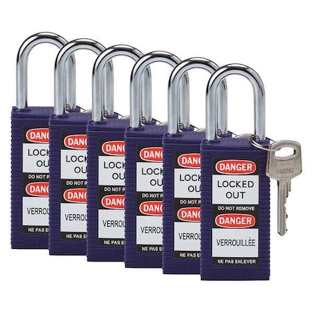 Lockout Padlock, Keyed Alike, Nylon, Purple, 1 1/2 in Shackle Height, 1 1/2 in Body Width, 6 PK MPN:123430