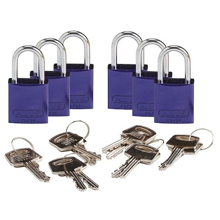 Lockout Padlock, Keyed Different, Aluminum, Purple, 1 in Shackle Height, 1 1/4 in Body Width, 6 PK MPN:133268