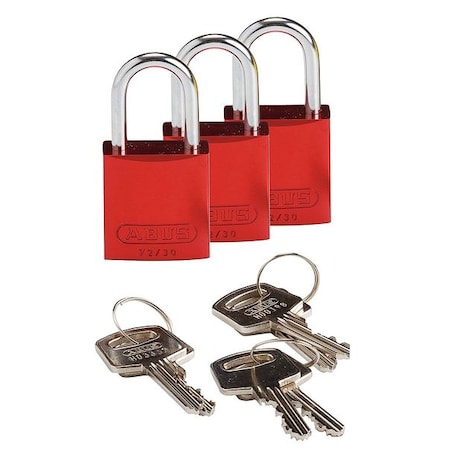 Lockout Padlock, Keyed Alike, Aluminum, Red, 1 in Shackle Height, 1 1/4 in Body Width, 3 PK MPN:133279