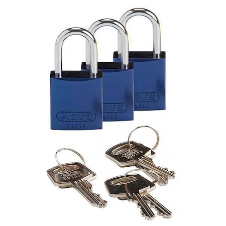 Lockout Padlock, Keyed Alike, Aluminum, Blue, 1 in Shackle Height, 1 1/4 in Body Width, 3 PK MPN:133280