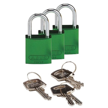 Lockout Padlock, Keyed Alike, Aluminum, Green, 1 in Shackle Height, 1 1/4 in Body Width, 3 PK MPN:133281