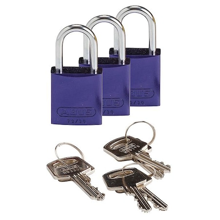 Lockout Padlock, Keyed Alike, Aluminum, Purple, 1 in Shackle Height, 1 1/4 in Body Width, 3 PK MPN:133286