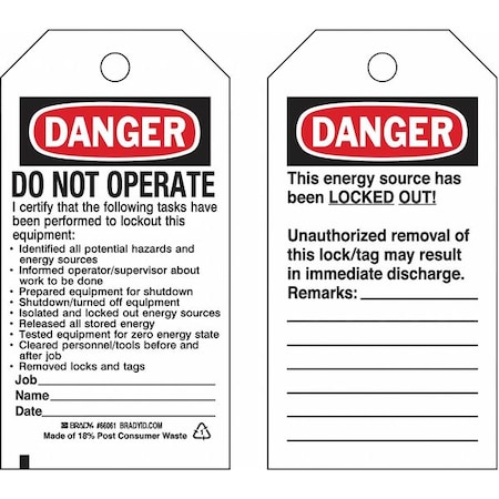 Lockout Tag, Danger, Paper, 3 in Width, 5 3/4 in Height, Write On Surface: Yes, 25 PK MPN:133491